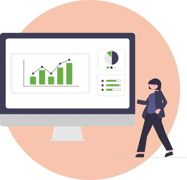 graphic of woman standing next to large screen with a bar & line graph showing increased seo results