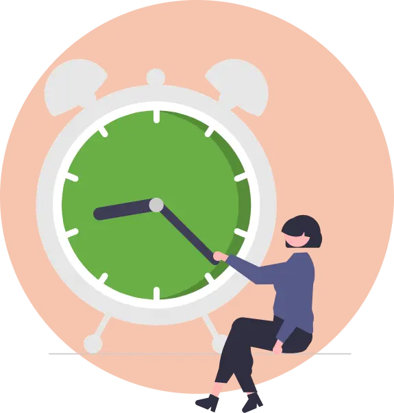 graphic of a woman sitting next to a giant analog alarm clock to indicate that you may need to wait some time to see seo results