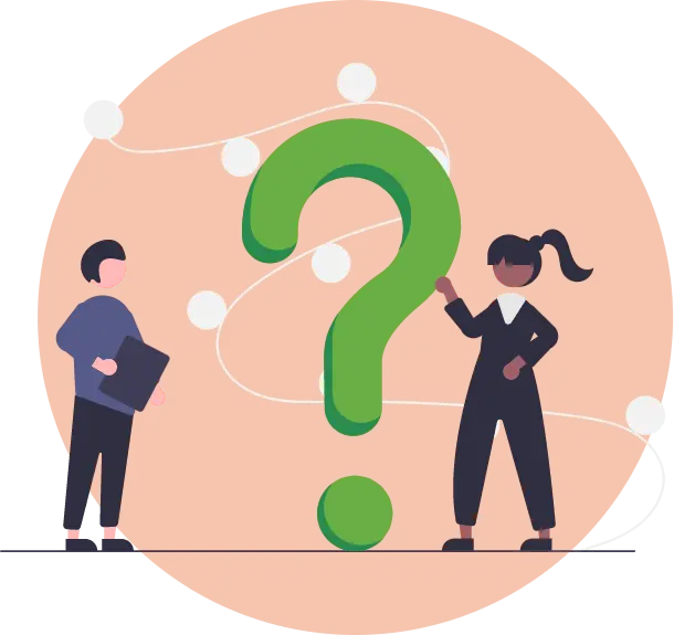 graphic of two people standing next to a giant question mark indicating that seo needs to be demystified