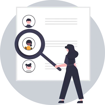 Graphic of woman with magnifying glass identifying a marketing persona