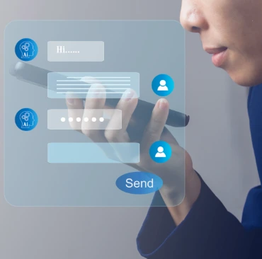 Woman searching on a smart phone. Transparent overlay of screen conversation indicates voice search integration.