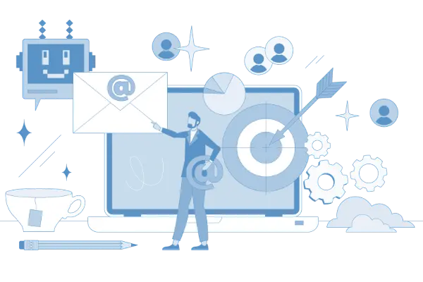 Target the right audience graphic image of a man standing next to a target with people icons and envelopes surrounding him.