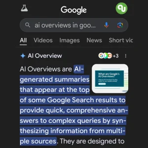 AI Overview Screenshot explaining that these are "summaries that appear at the top of some Google Search results to provide quick, comprehensive answers to complext queries by synthesizing information from multiple sources."