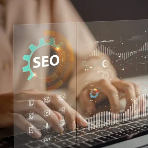 Person typing on a laptop with an overlay that shows SEO metrics.