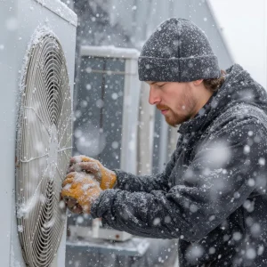HVAC technician working on a heating system in the snow.