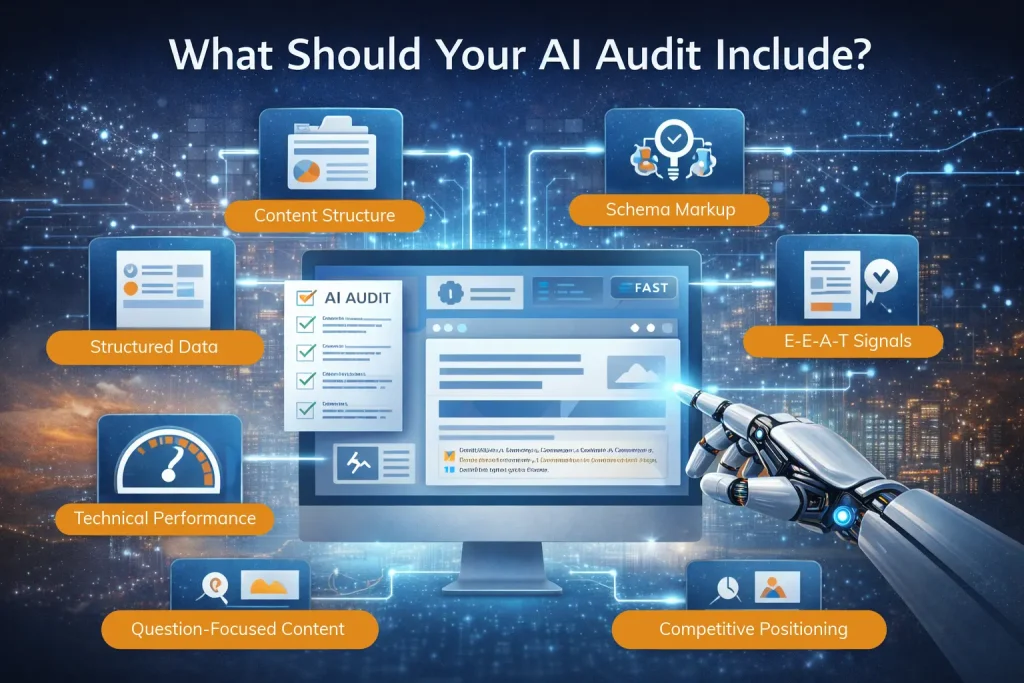 Image of a robot pointing at a computer, titled "What Should Your AI Audit Include?" Things to include are: Content Structure, Schema Markup, EEAT Signals, Competitive Positioning, Question-Focused Content, Technical Performance & Structured Data.