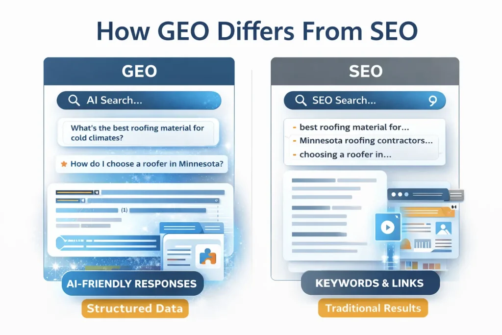 Two lists with a title, "How GEO Differs from SEO." Under GEO, AI Search is listed with AI-friendly responses. Under SEO, keywords & links are listed. Both are needed in an AI Audit.